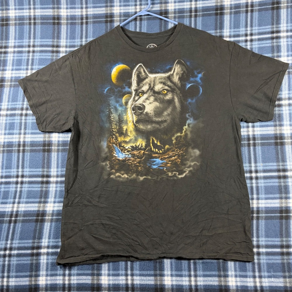 Dom Its About The Art Wolf Moon Forest Graphic T-Shirt Mens XL Black Cotton Tee